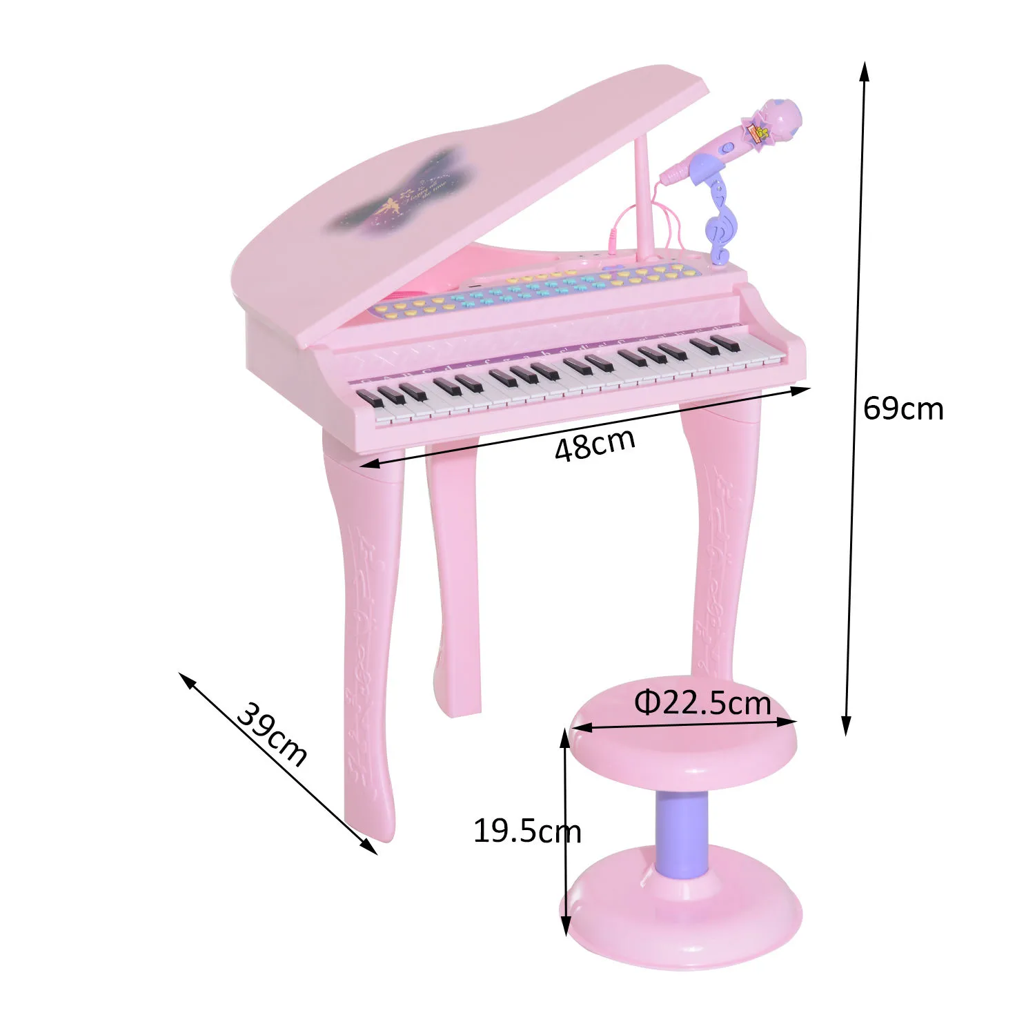HOMCOM 37-Key Kids Mini Grand Piano with Stool, Microphone, and Lights – Pink Musical Educational Toy