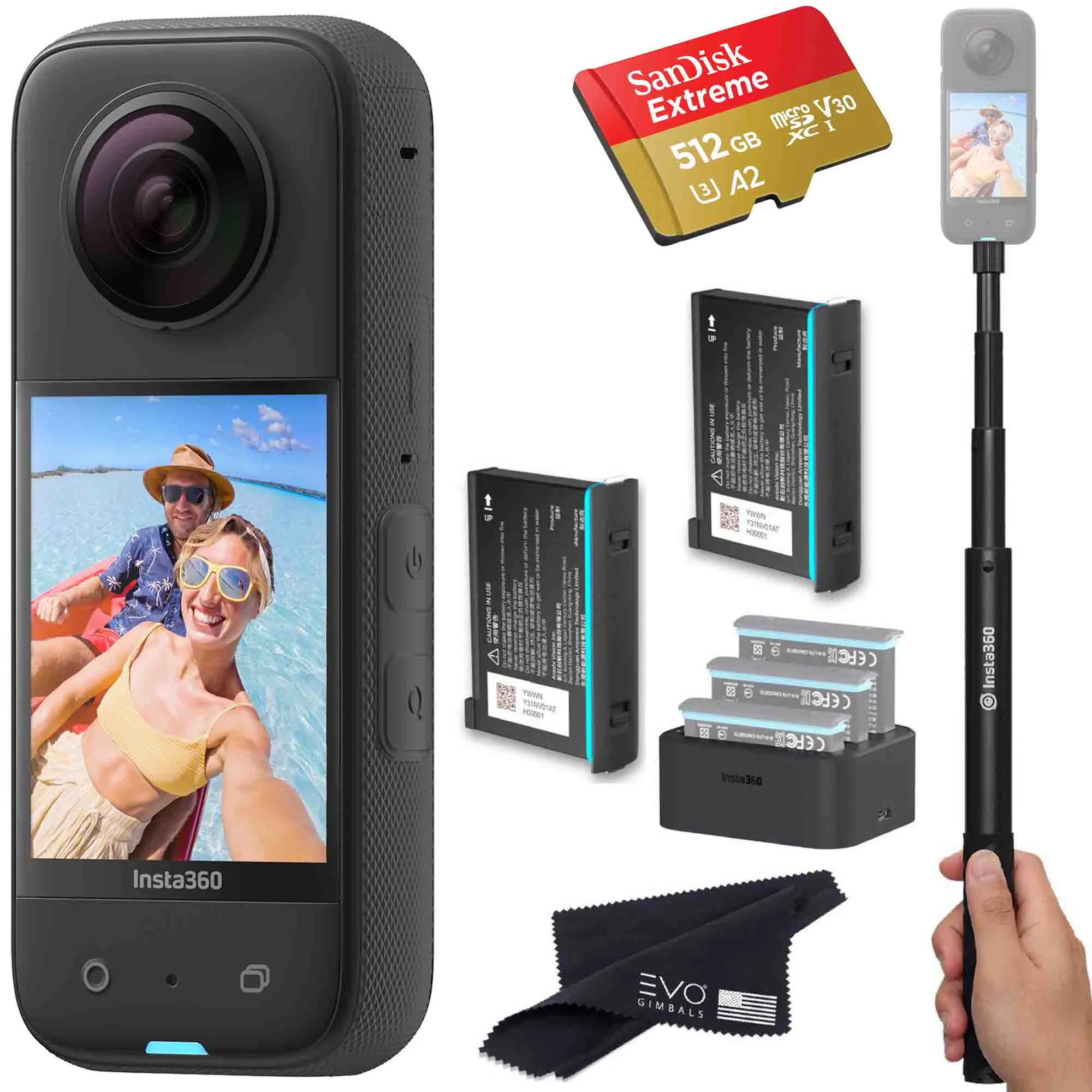 Insta360 X3 - Waterproof 360 Action Camera Bundle Includes Extra 2 Batteries, Charger, Invisible Selfie Stick & Memory Card