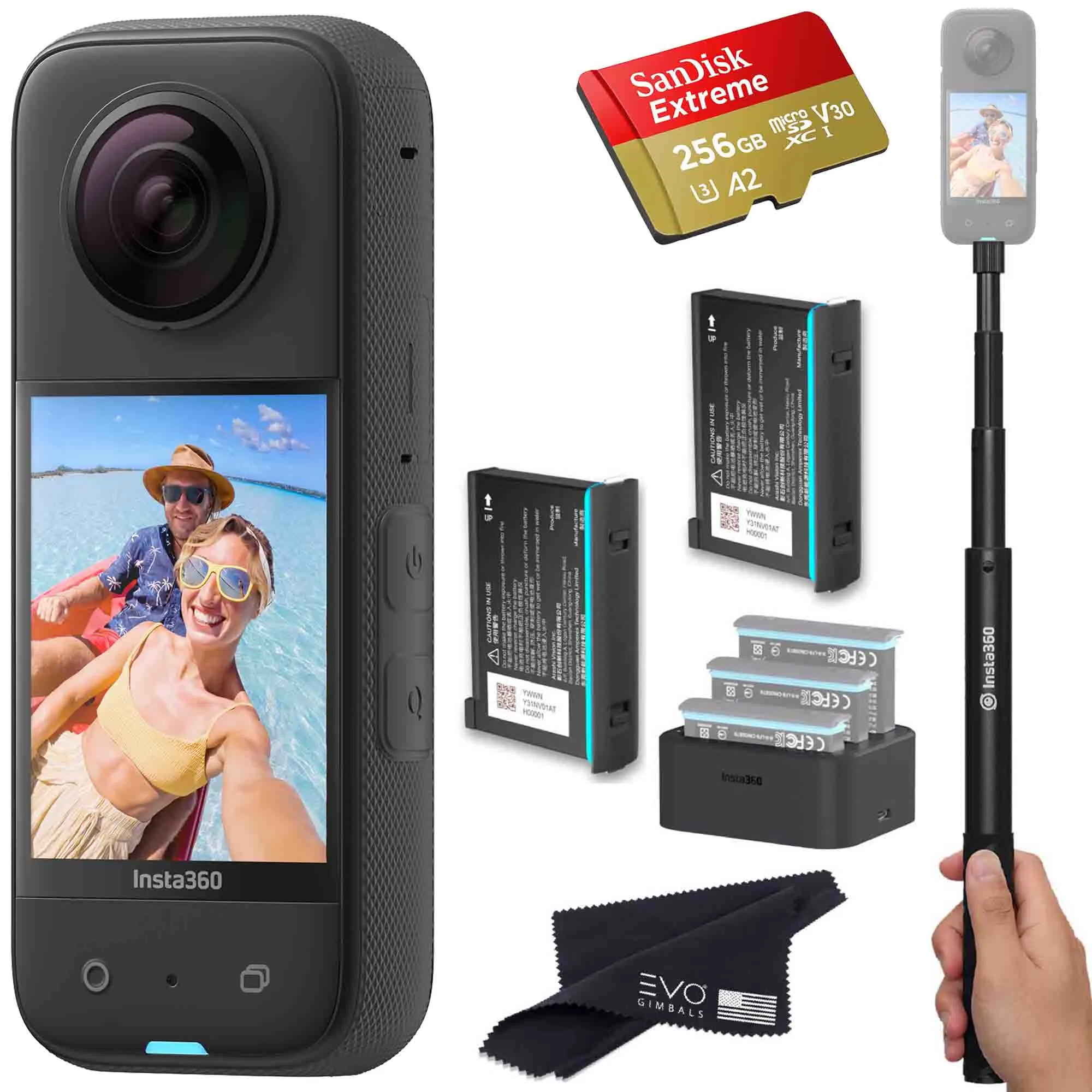 Insta360 X3 - Waterproof 360 Action Camera Bundle Includes Extra 2 Batteries, Charger, Invisible Selfie Stick & Memory Card