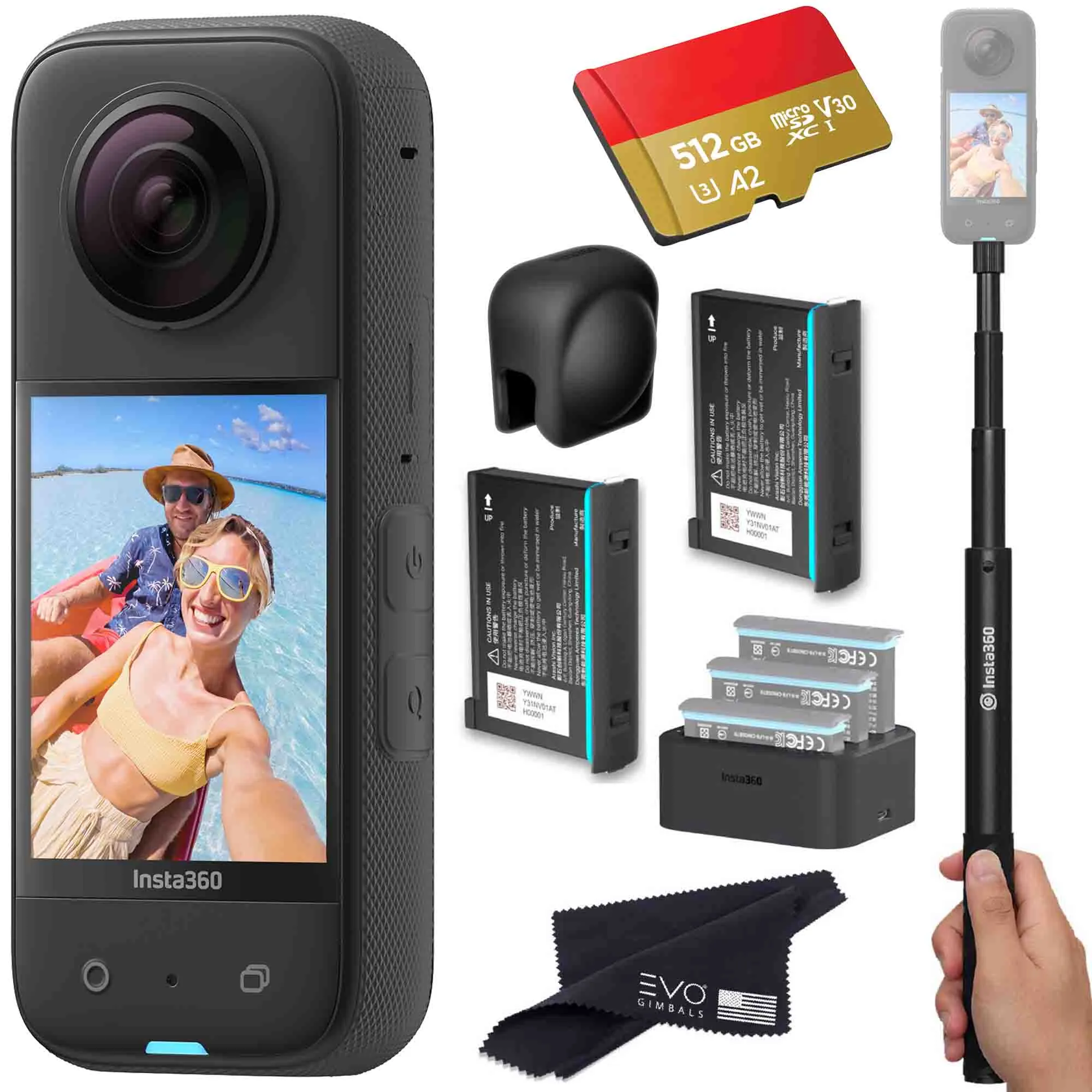 Insta360 X3 - Waterproof 360 Action Camera Bundle Includes Extra 2 Batteries, Charger, Invisible Selfie Stick, Lens Cap & Memory Card