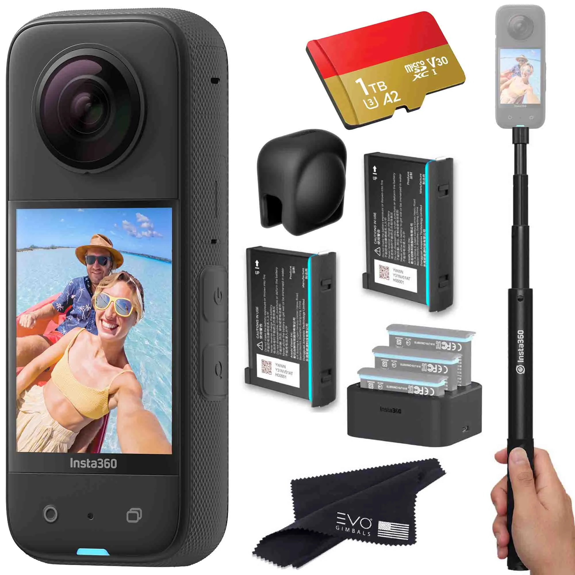 Insta360 X3 - Waterproof 360 Action Camera Bundle Includes Extra 2 Batteries, Charger, Invisible Selfie Stick, Lens Cap & Memory Card