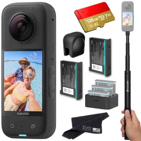 Insta360 X3 - Waterproof 360 Action Camera Bundle Includes Extra 2 Batteries, Charger, Invisible Selfie Stick, Lens Cap & Memory Card