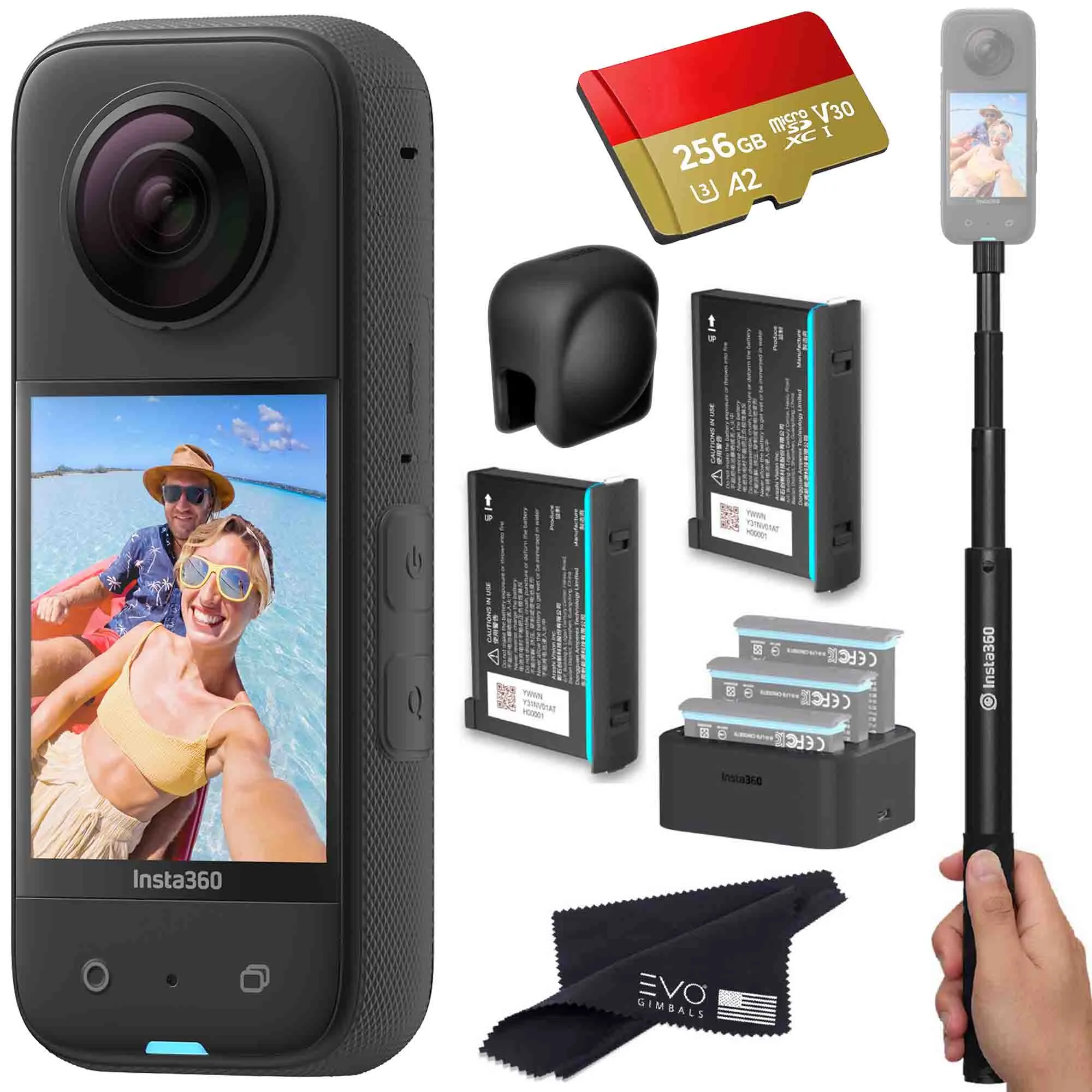 Insta360 X3 - Waterproof 360 Action Camera Bundle Includes Extra 2 Batteries, Charger, Invisible Selfie Stick, Lens Cap & Memory Card