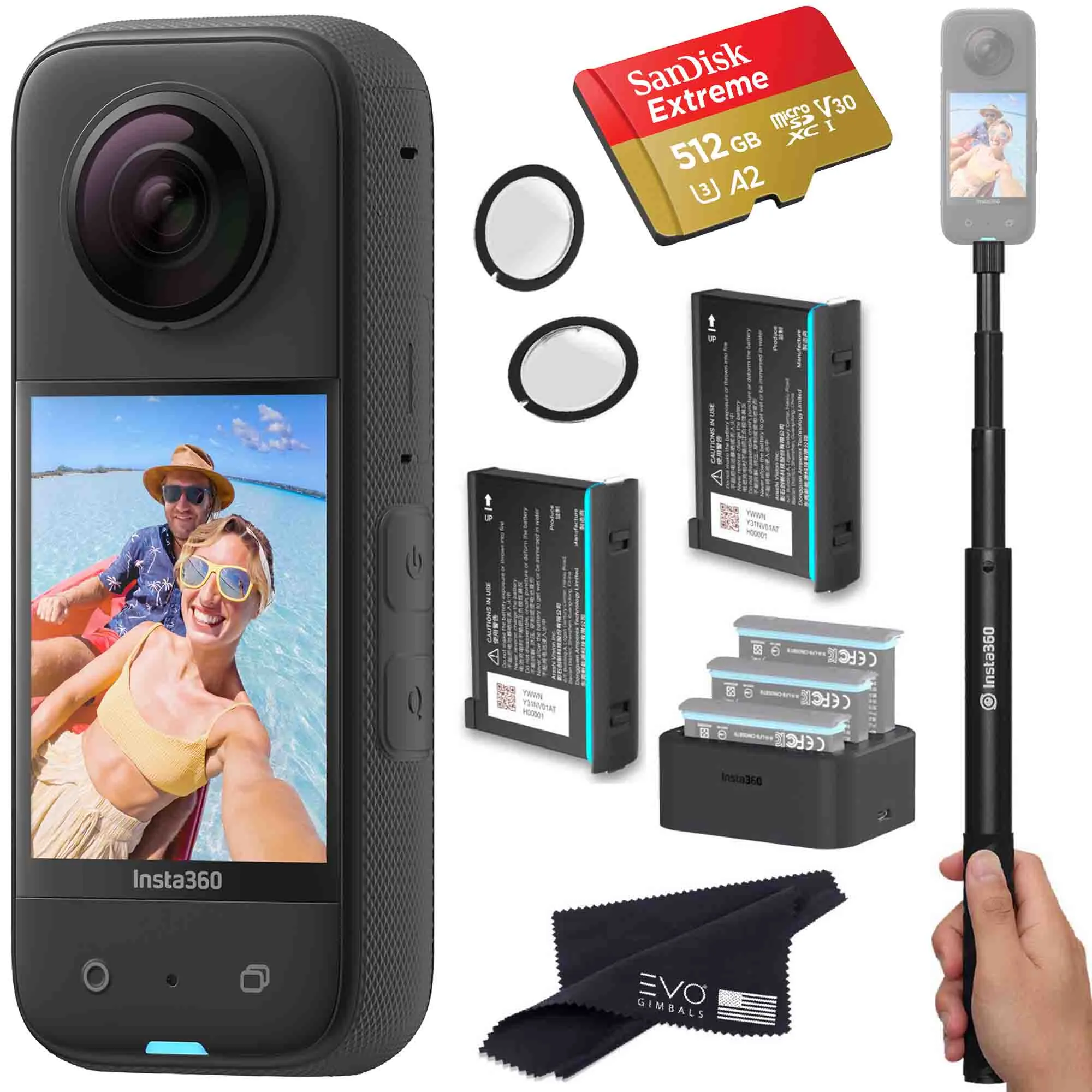 Insta360 X3 - Waterproof 360 Action Camera Bundle Includes Extra 2 Batteries, Charger, Invisible Selfie Stick, Lens Guard & Memory Card