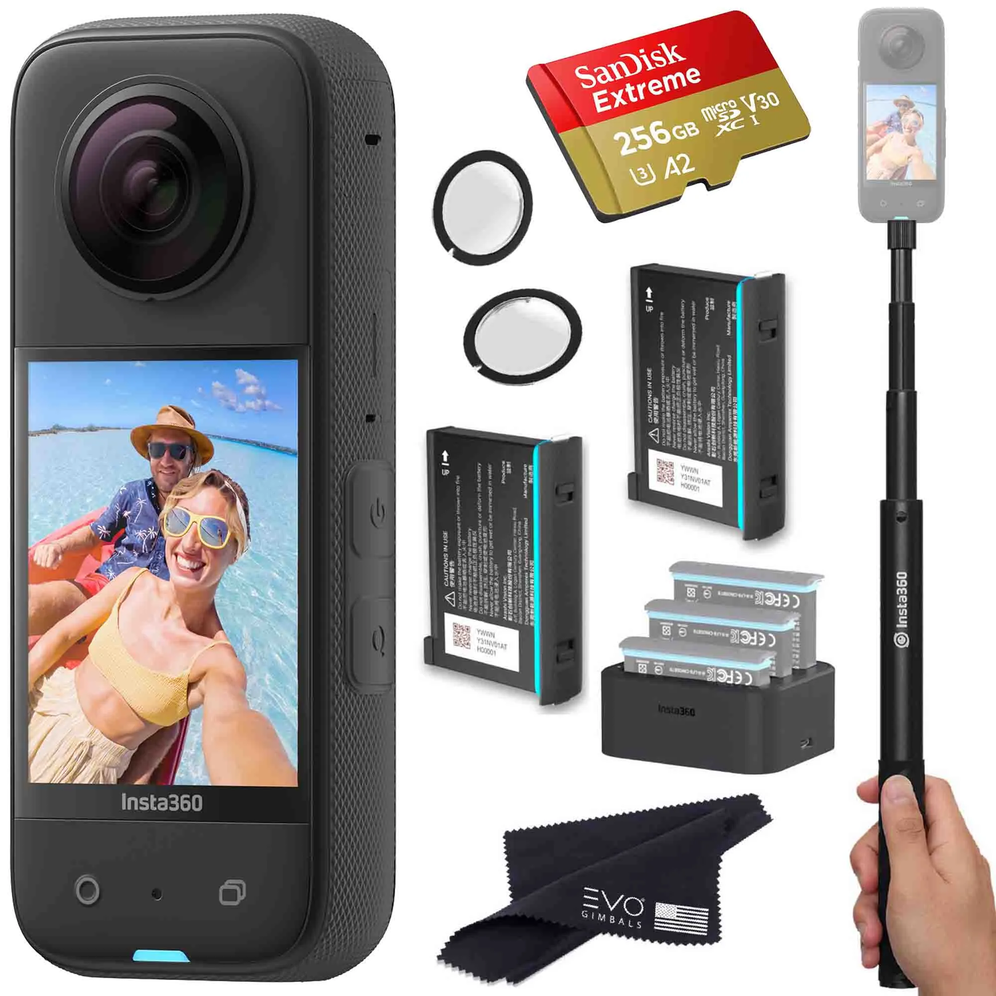 Insta360 X3 - Waterproof 360 Action Camera Bundle Includes Extra 2 Batteries, Charger, Invisible Selfie Stick, Lens Guard & Memory Card