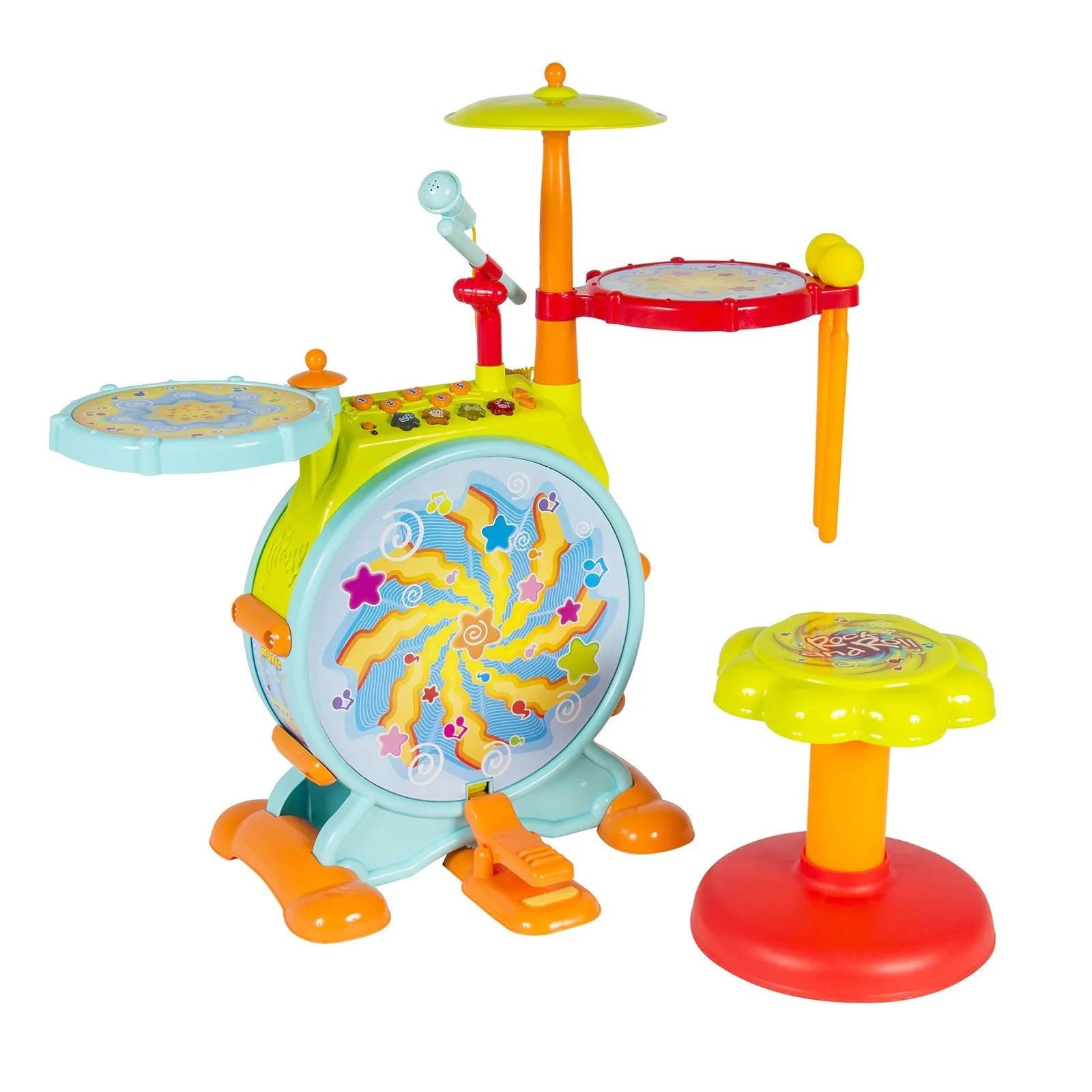 Kids Electronic Toy Drum Set w/ Sing-Along, Stool