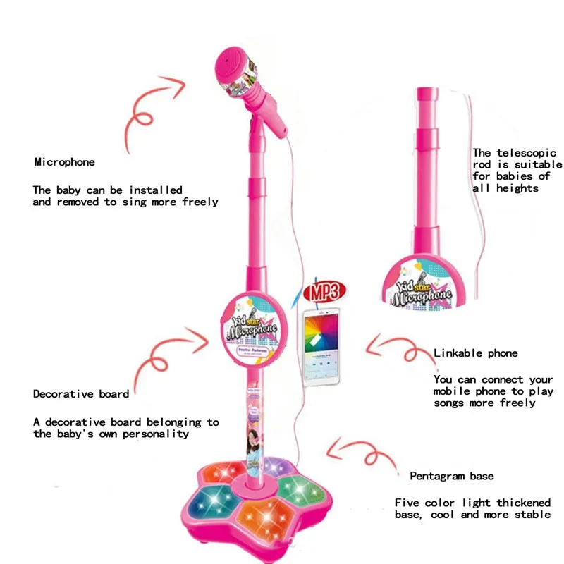 Kids Microphone with Stand Amplifying Music Bracket Singing Toy with Lights Pedal