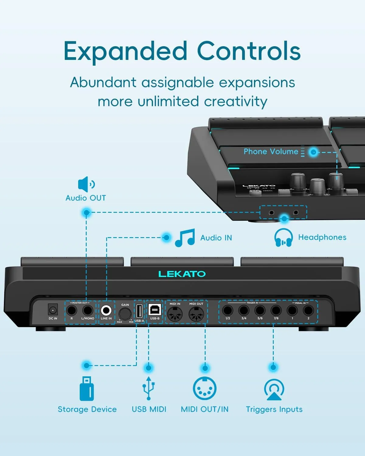 LEKATO PD708 Electric Drum Pad with 9 Velocity-Sensitive Percussion Sample Pad, 1,000  Sounds, 32GB Internal Memory, Bluetooth, Drum Set Pad Multipad with MIDI, 24 FX, 4 Trigger Inputs