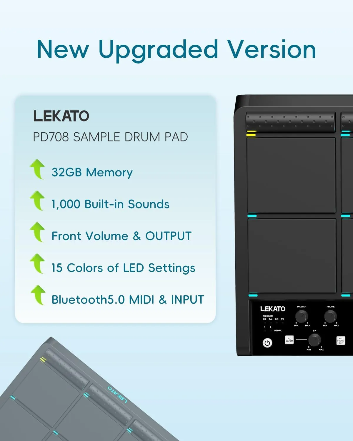 LEKATO PD708 Electric Drum Pad with 9 Velocity-Sensitive Percussion Sample Pad, 1,000  Sounds, 32GB Internal Memory, Bluetooth, Drum Set Pad Multipad with MIDI, 24 FX, 4 Trigger Inputs