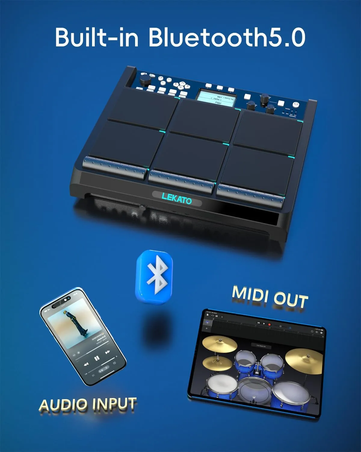 LEKATO PD708 Electric Drum Pad with 9 Velocity-Sensitive Percussion Sample Pad, 1,000  Sounds, 32GB Internal Memory, Bluetooth, Drum Set Pad Multipad with MIDI, 24 FX, 4 Trigger Inputs