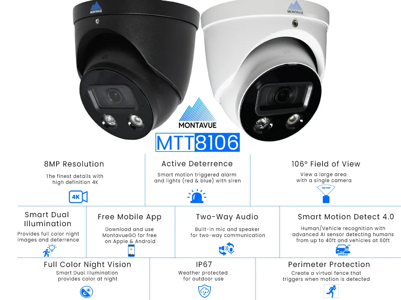MTT8106-AD | 8MP 4K Turret Security Camera with Active Deterrence and SMD 4.0