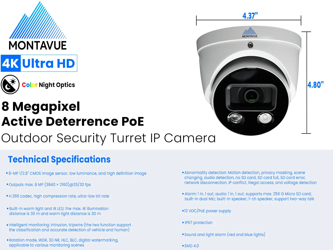 MTT8106-AD | 8MP 4K Turret Security Camera with Active Deterrence and SMD 4.0