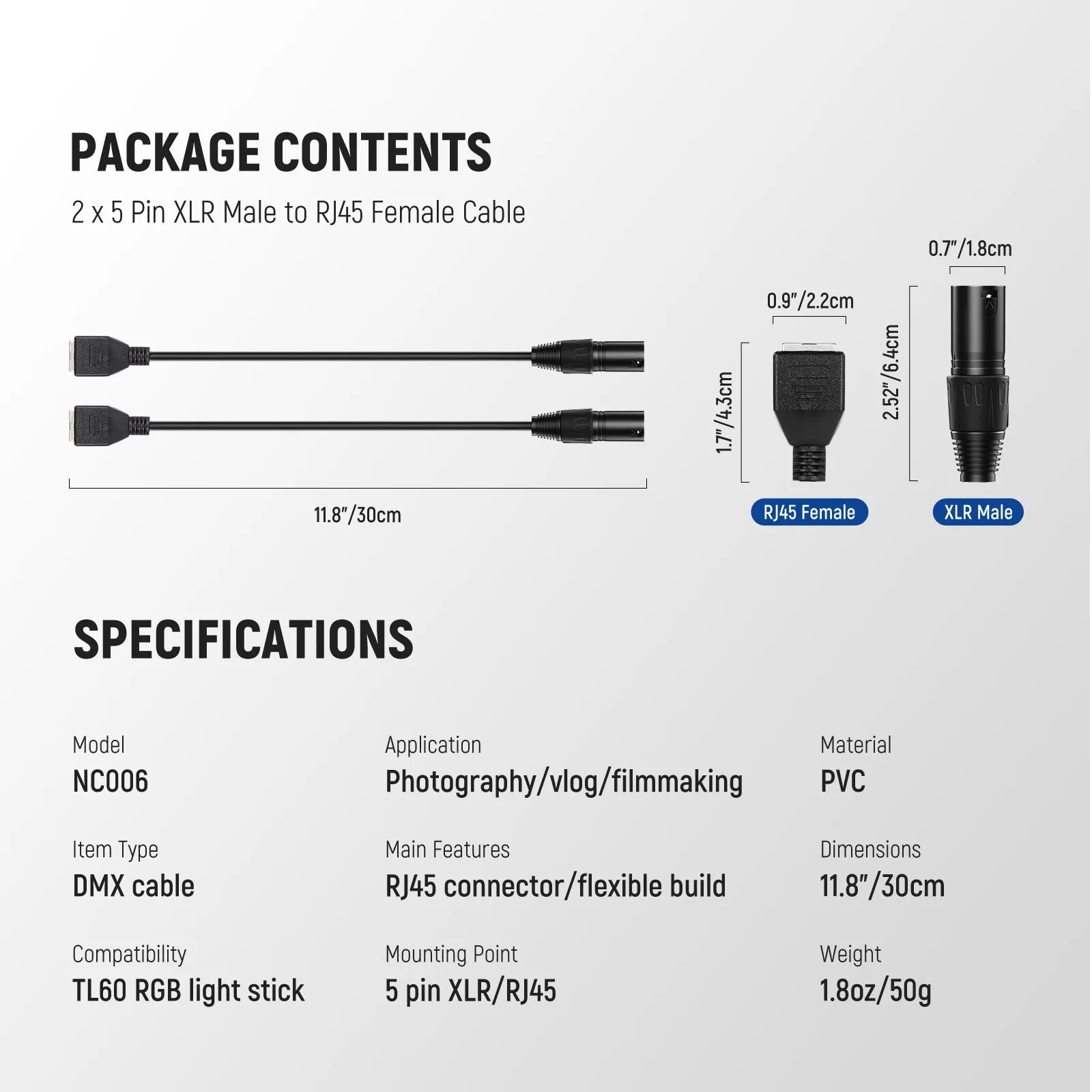 NEEWER 2 Packs NC005 5 Pin XLR Male to RJ45 Female Cable