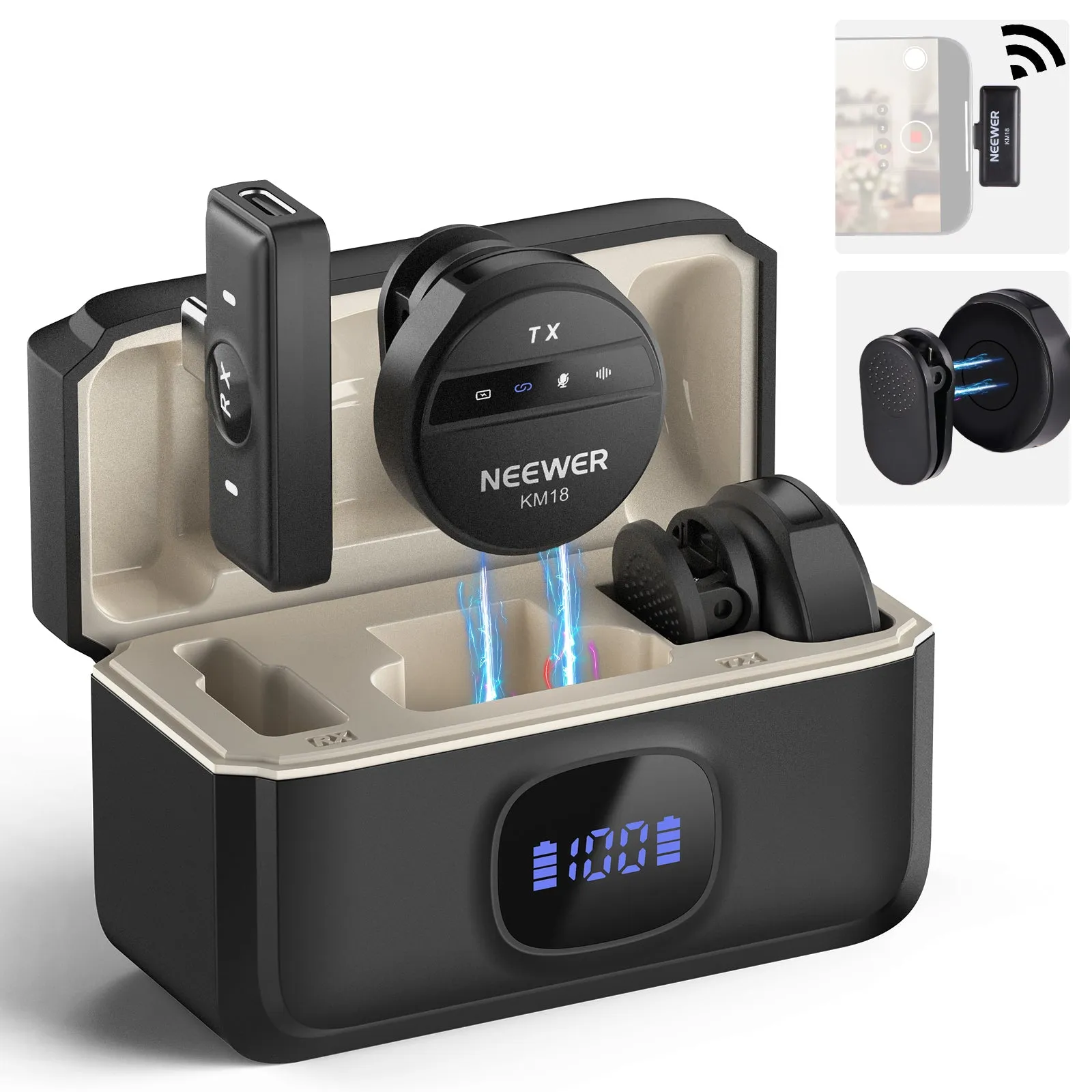 NEEWER KM18 Wireless Button Lavalier Microphone for USB C Phone PC
