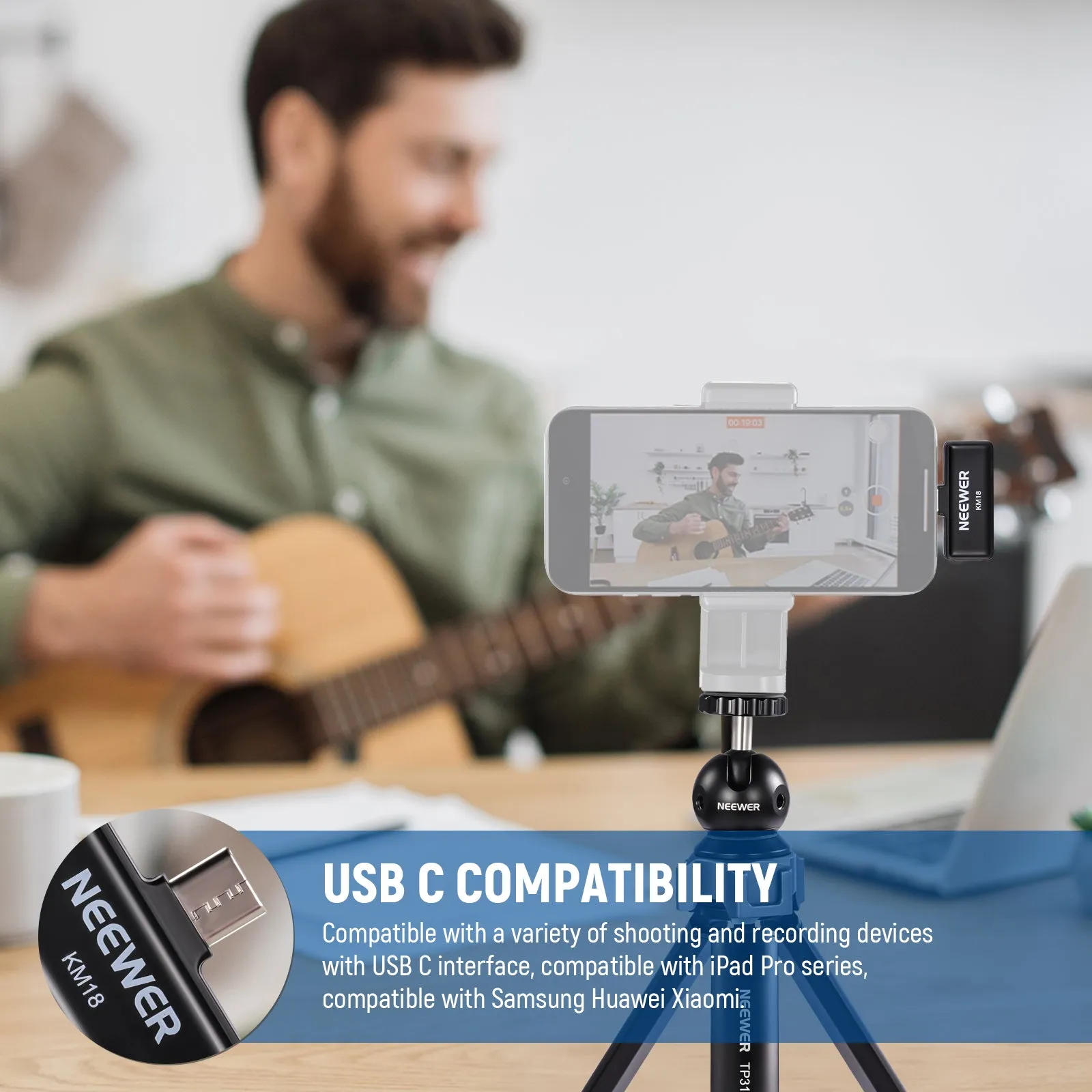 NEEWER KM18 Wireless Button Lavalier Microphone for USB C Phone PC