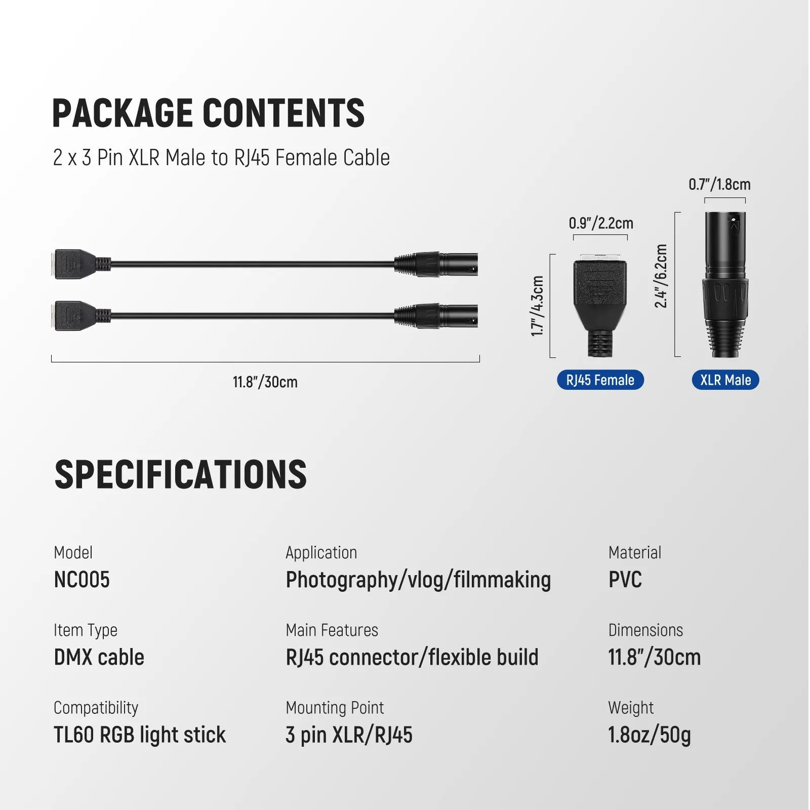 NEEWER NC005 2 Pack 3 Pin DMX XLR Male to RJ45 Female Cable