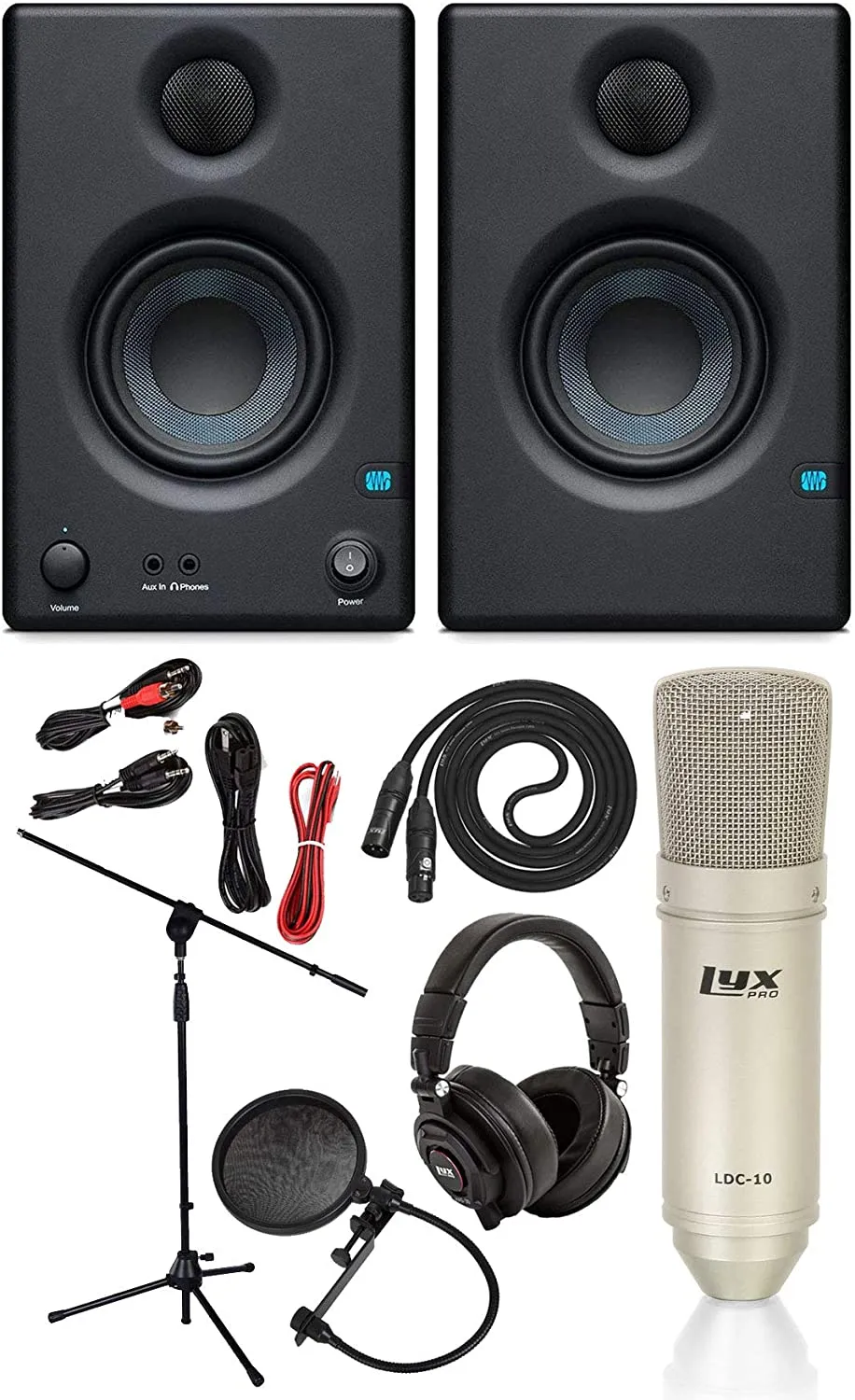 PreSonus Eris E3.5 2-Way Active Powered Studio Monitor Studio Pair, Microphone Stand, Pop Filter, Studio Microphone/XLR Cable, 2 TS Instrument Cables