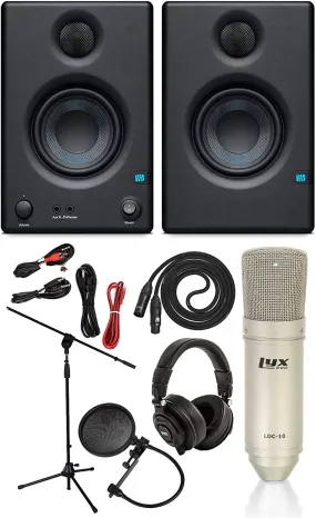 PreSonus Eris E3.5 2-Way Active Powered Studio Monitor Studio Pair, Microphone Stand, Pop Filter, Studio Microphone/XLR Cable, 2 TS Instrument Cables