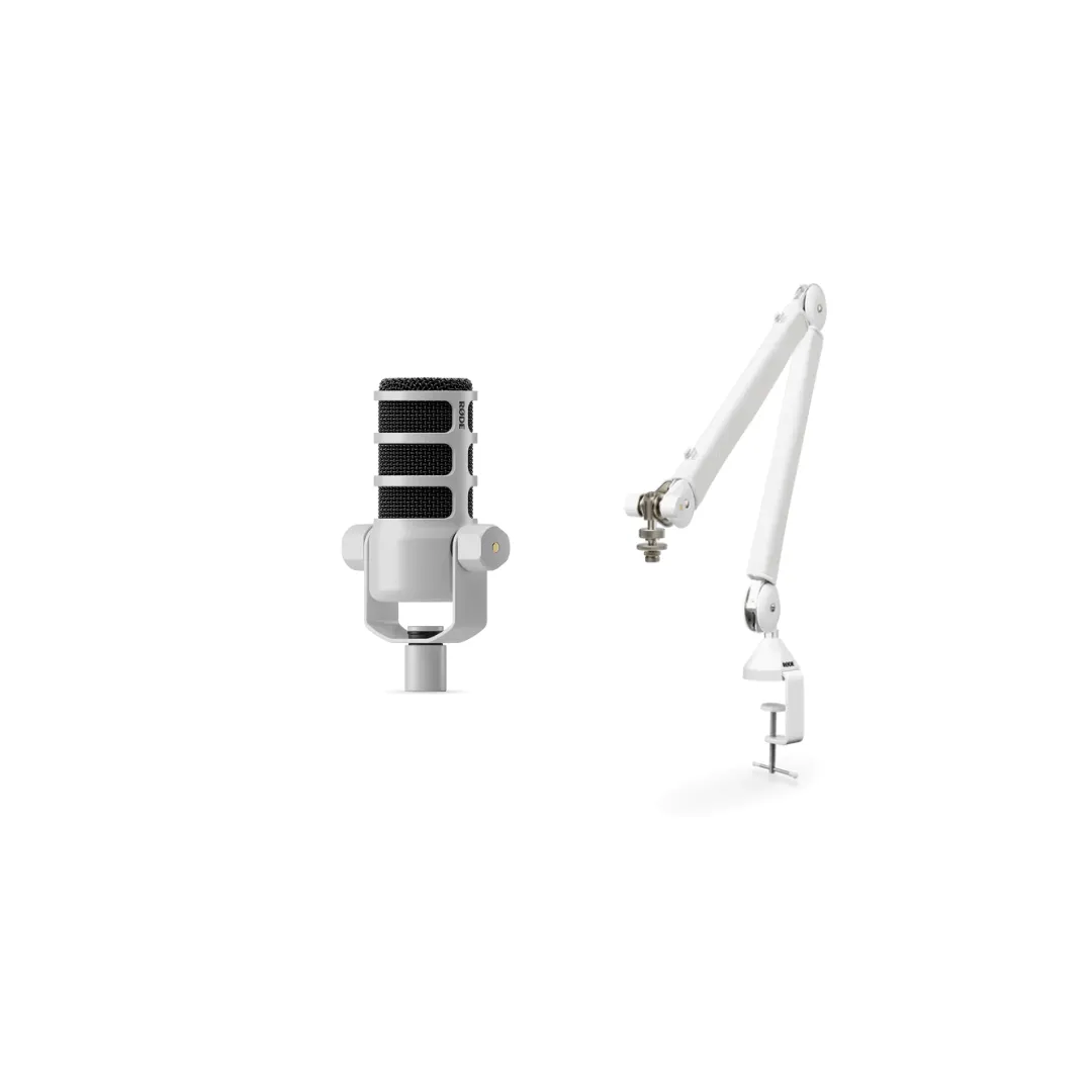 Rode PodMic Dynamic Broadcast Microphone And PSA1  Professional Studio Arm Combo - White