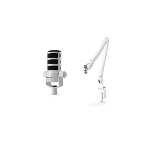 Rode PodMic USB Versatile Dynamic Broadcast Microphone And PSA1  Professional Studio Arm Combo - White