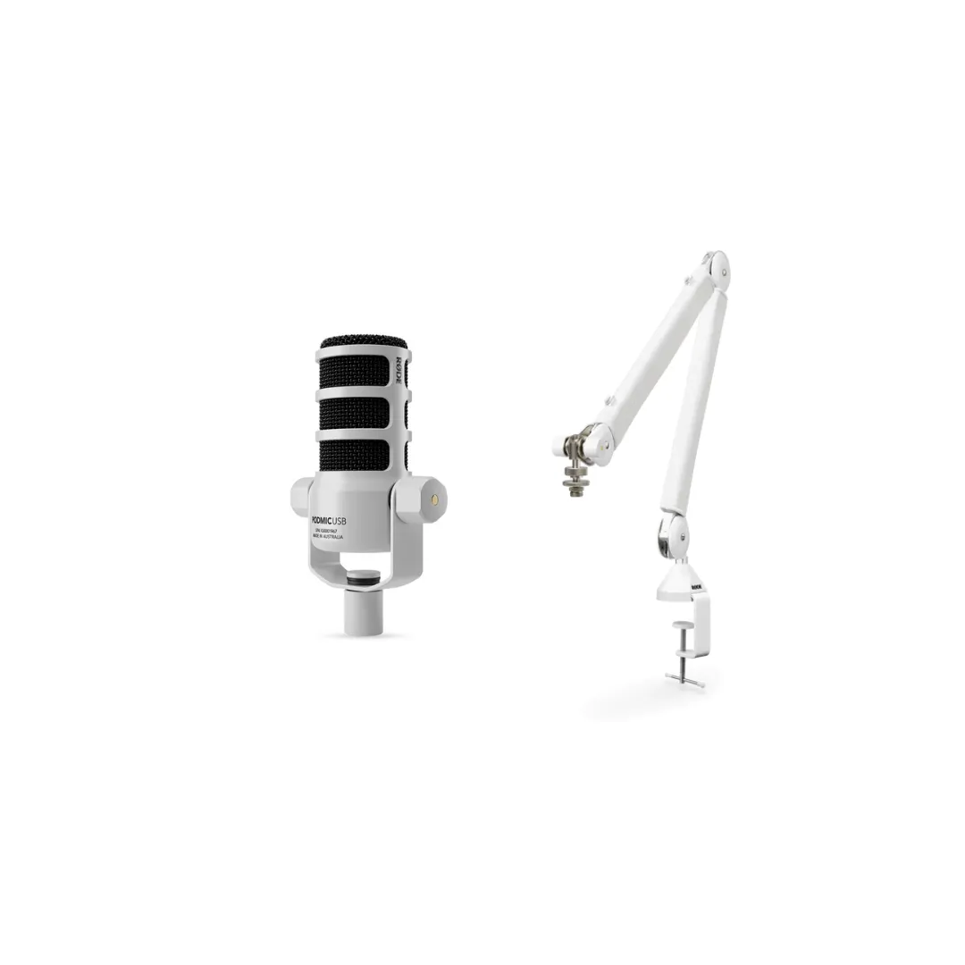 Rode PodMic USB Versatile Dynamic Broadcast Microphone And PSA1  Professional Studio Arm Combo - White