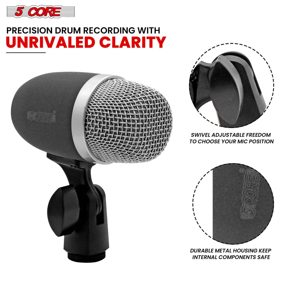 Tabla Mic High Sensitivity Snare Tom Instrument Microphone with Dynamic Moving Coil Uni-Directional Pick Up Pattern Swivel Mount Durable Steel Mesh Grille - 5 Core TABLA MIC 2XP