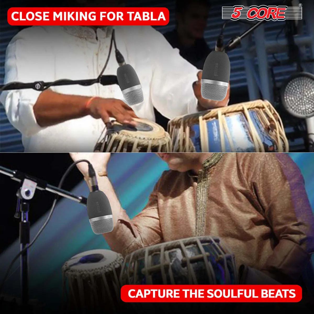 Tabla Mic High Sensitivity Snare Tom Instrument Microphone with Dynamic Moving Coil Uni-Directional Pick Up Pattern Swivel Mount Durable Steel Mesh Grille - 5 Core TABLA MIC 2XP