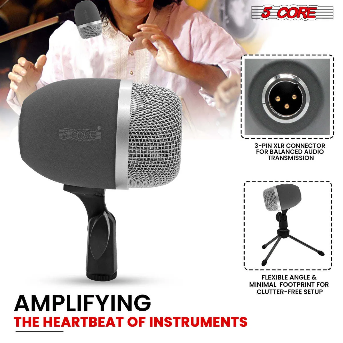 Tabla Mic High Sensitivity Snare Tom Instrument Microphone with Dynamic Moving Coil Uni-Directional Pick Up Pattern Swivel Mount Durable Steel Mesh Grille - 5 Core TABLA MIC 2XP