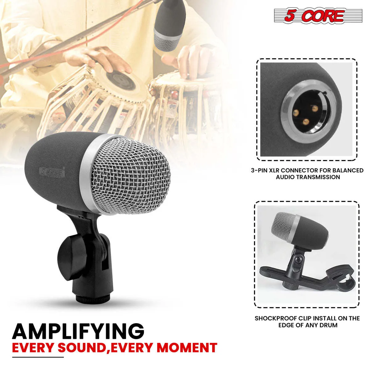 Tabla Mic High Sensitivity Snare Tom Instrument Microphone with Dynamic Moving Coil Uni-Directional Pick Up Pattern Swivel Mount Durable Steel Mesh Grille - 5 Core TABLA MIC 2XP