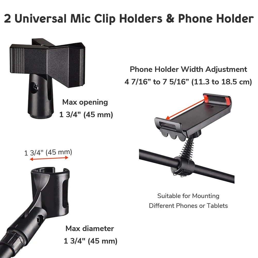 TheLAShop Mic Stand Boom Arm Dual Mic Mounts & Phone Holder 2'8" to 5'11"H