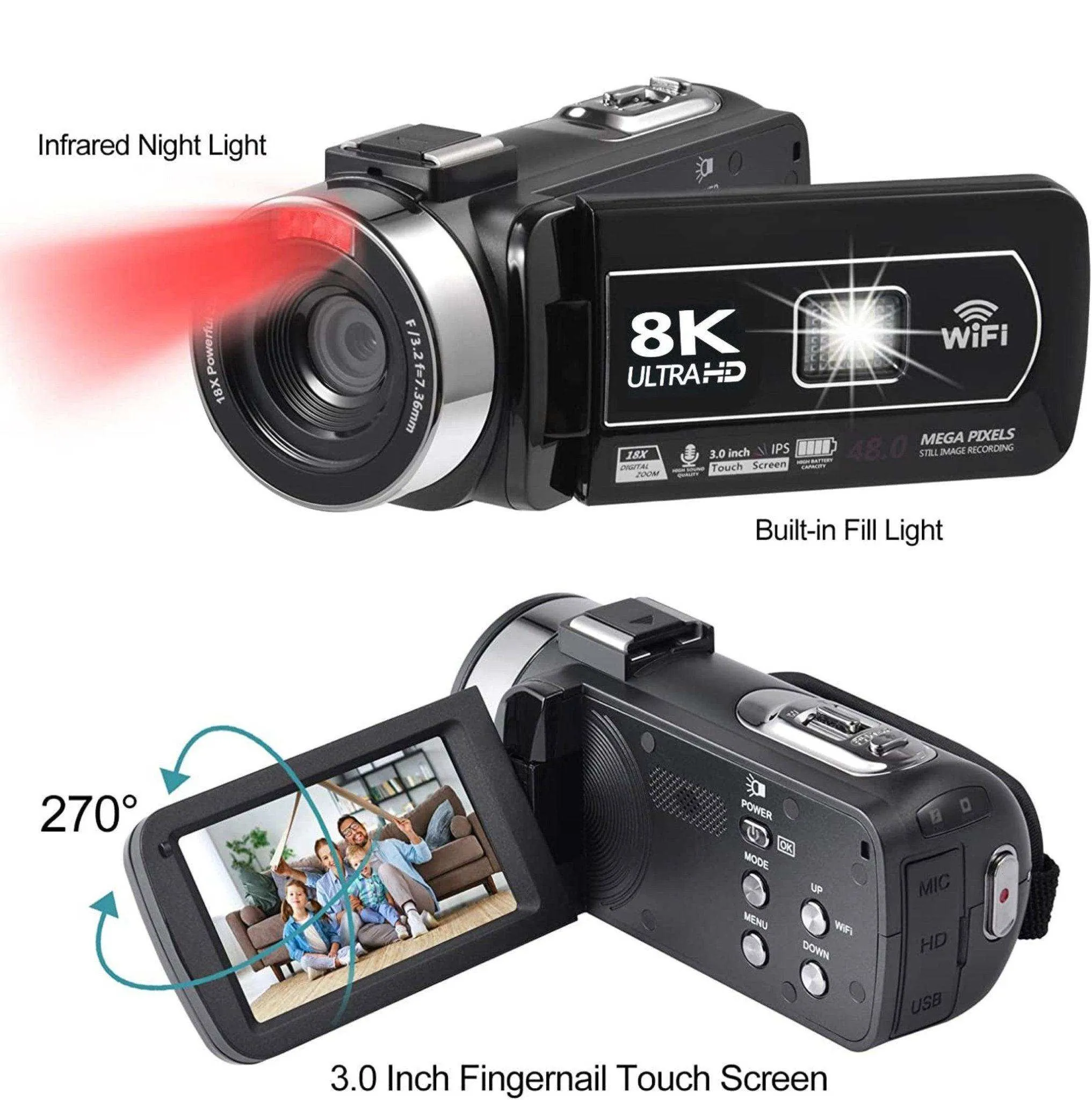 TUTT 8K 48MP Camcorder WIFI Digital Video Camera For Youtube Streaming Vlogging Recorder 18X Time-Lapse WIFI Webcam Night Vision Stabilizer 128GB SanDisk 3 in 1 SD/TF/Charging Kit