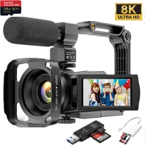 TUTT 8K 48MP Camcorder WIFI Digital Video Camera For Youtube Streaming Vlogging Recorder 18X Time-Lapse WIFI Webcam Night Vision Stabilizer 128GB SanDisk 3 in 1 SD/TF/Charging Kit
