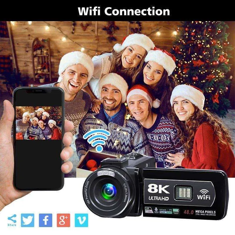 TUTT 8K 48MP Camcorder WIFI Digital Video Camera For Youtube Streaming Vlogging Recorder 18X Time-Lapse WIFI Webcam Night Vision Stabilizer 128GB SanDisk 3 in 1 SD/TF/Charging Kit