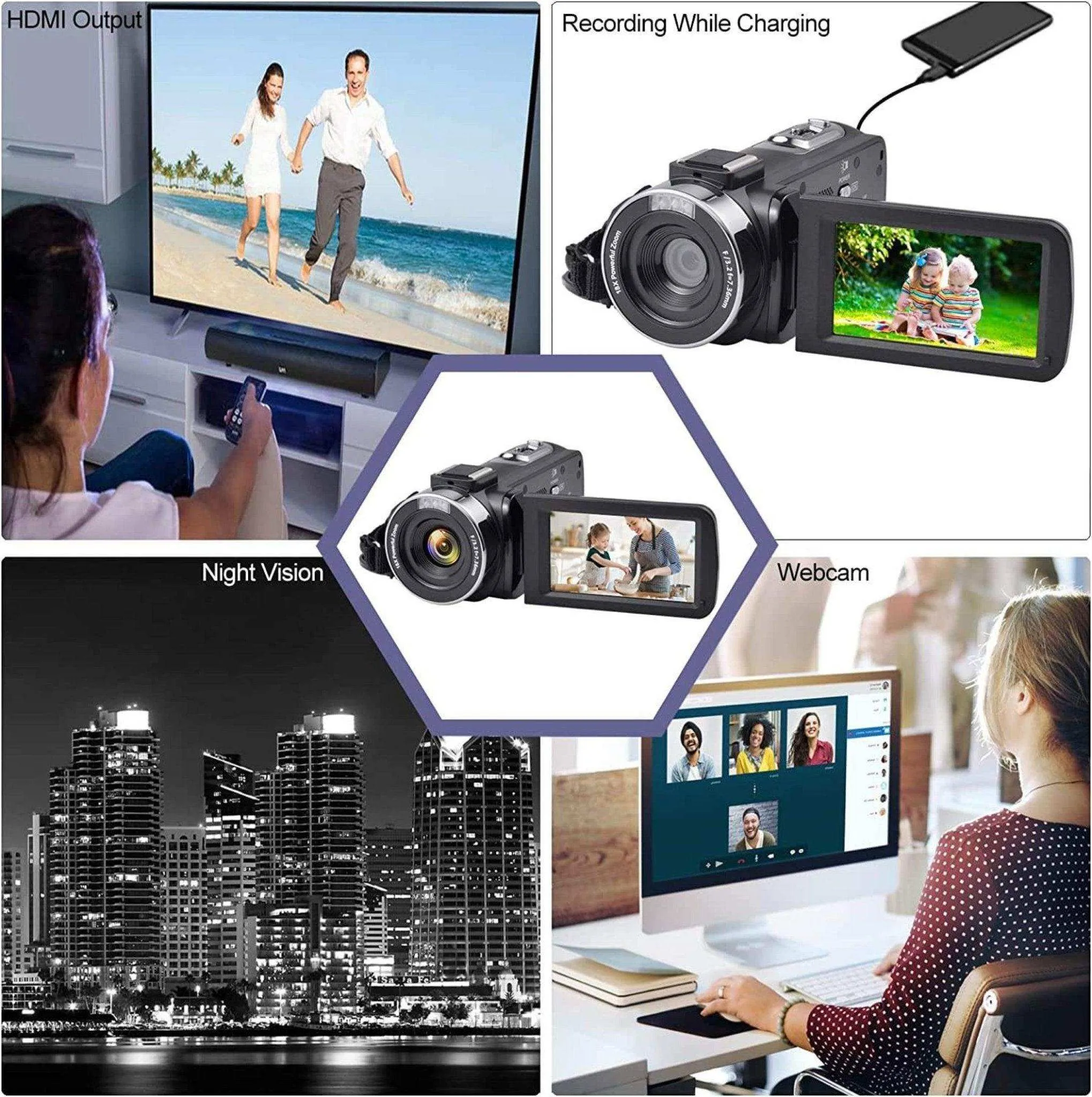 TUTT 8K 48MP Camcorder WIFI Digital Video Camera For Youtube Streaming Vlogging Recorder 18X Time-Lapse WIFI Webcam Night Vision Stabilizer 128GB SanDisk 3 in 1 SD/TF/Charging Kit