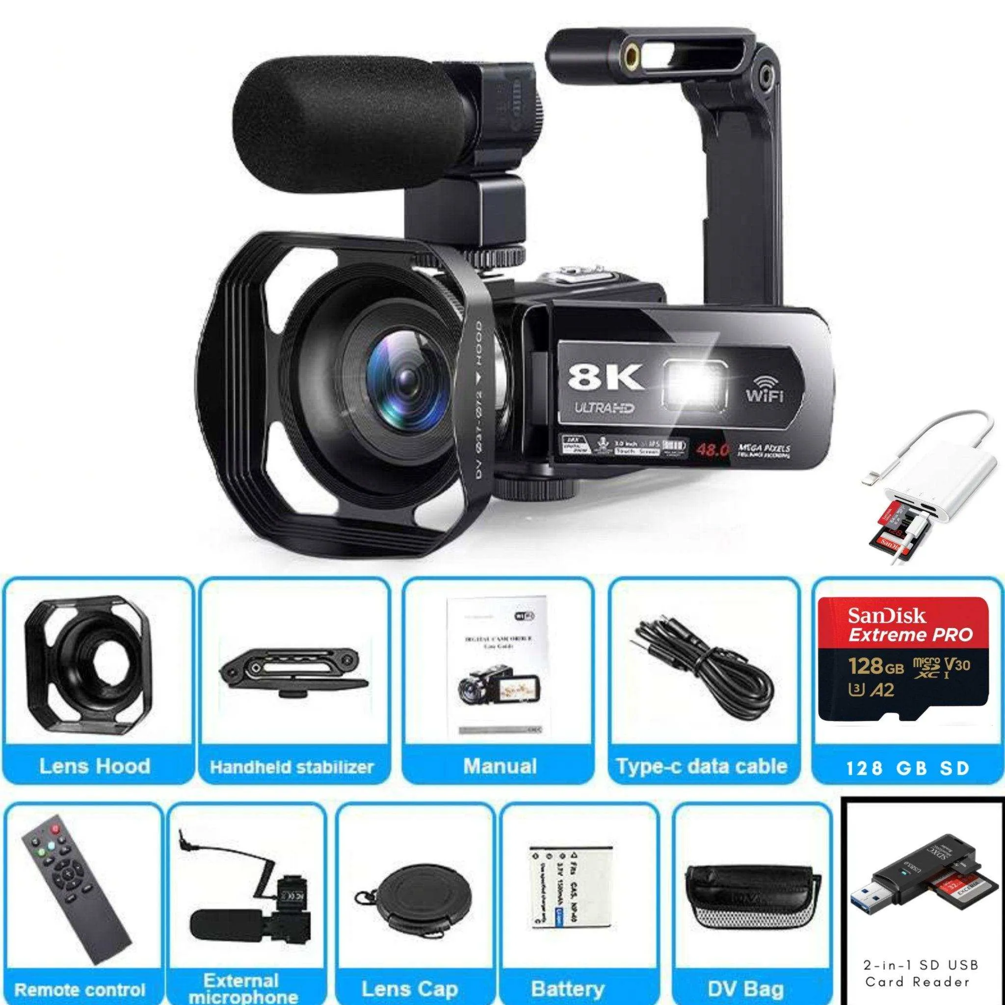 TUTT 8K 48MP Camcorder WIFI Digital Video Camera For Youtube Streaming Vlogging Recorder 18X Time-Lapse WIFI Webcam Night Vision Stabilizer 128GB SanDisk 3 in 1 SD/TF/Charging Kit