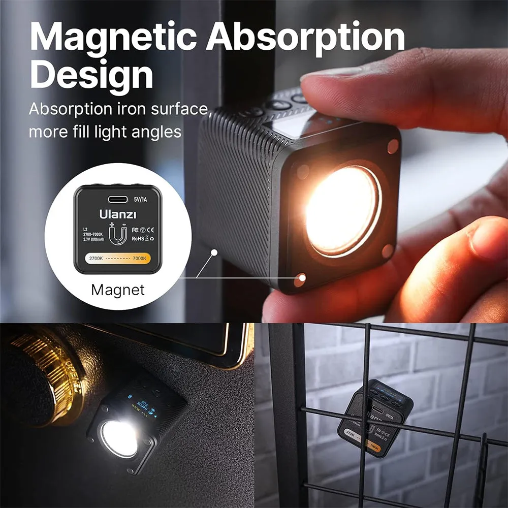 Ulanzi L2 RGB / Bi-Color COB Magnetic Mini Cube Video Light 800mAh with OLED Display, 1/4"-20 Screw Mount, Dual Cold Shoe for Vlog Vlogging Content Creation