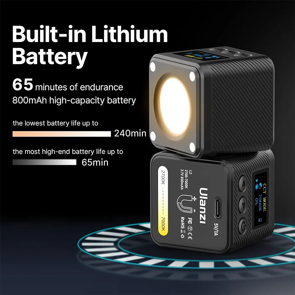 Ulanzi L2 RGB / Bi-Color COB Magnetic Mini Cube Video Light 800mAh with OLED Display, 1/4"-20 Screw Mount, Dual Cold Shoe for Vlog Vlogging Content Creation