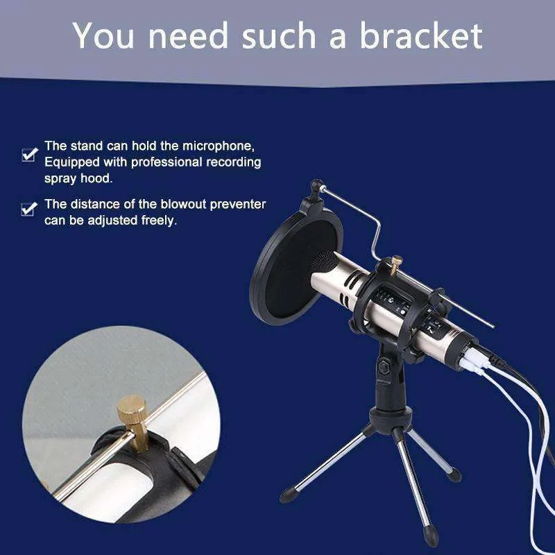 Universal Live Broadcast Bracket Tripod Holder with Anti-spray Net & Microphone Clip & Shockproof Clip, For iPhone, Galaxy, Sony, Lenovo, HTC, Huawei, and other Smartphones