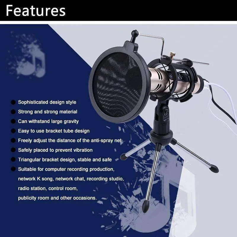 Universal Live Broadcast Bracket Tripod Holder with Anti-spray Net & Microphone Clip & Shockproof Clip, For iPhone, Galaxy, Sony, Lenovo, HTC, Huawei, and other Smartphones