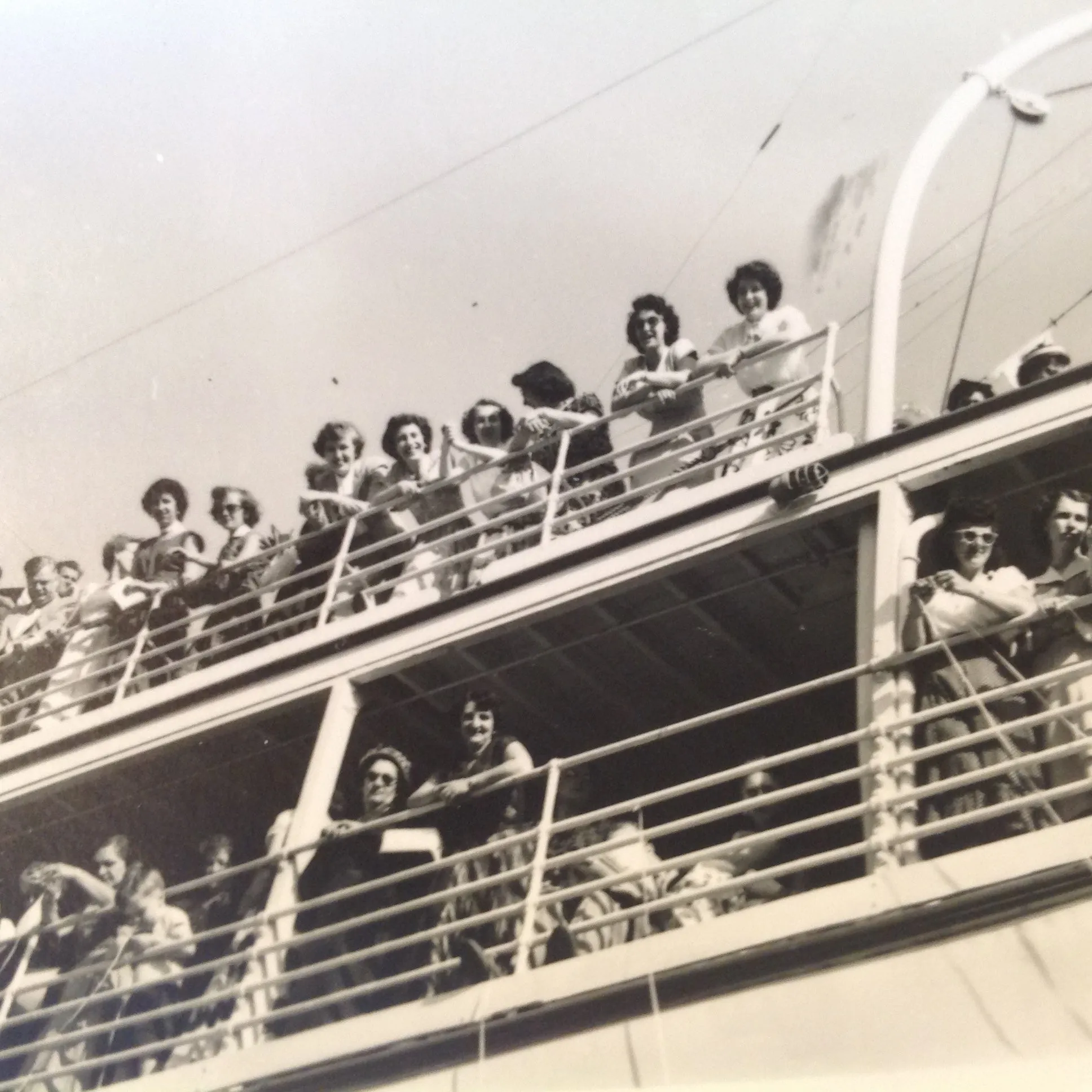 Vintage Mid Century B&W Photo SS South American Cruise Exterior Shot Passengers at Rail with Streamers as Ship Sails