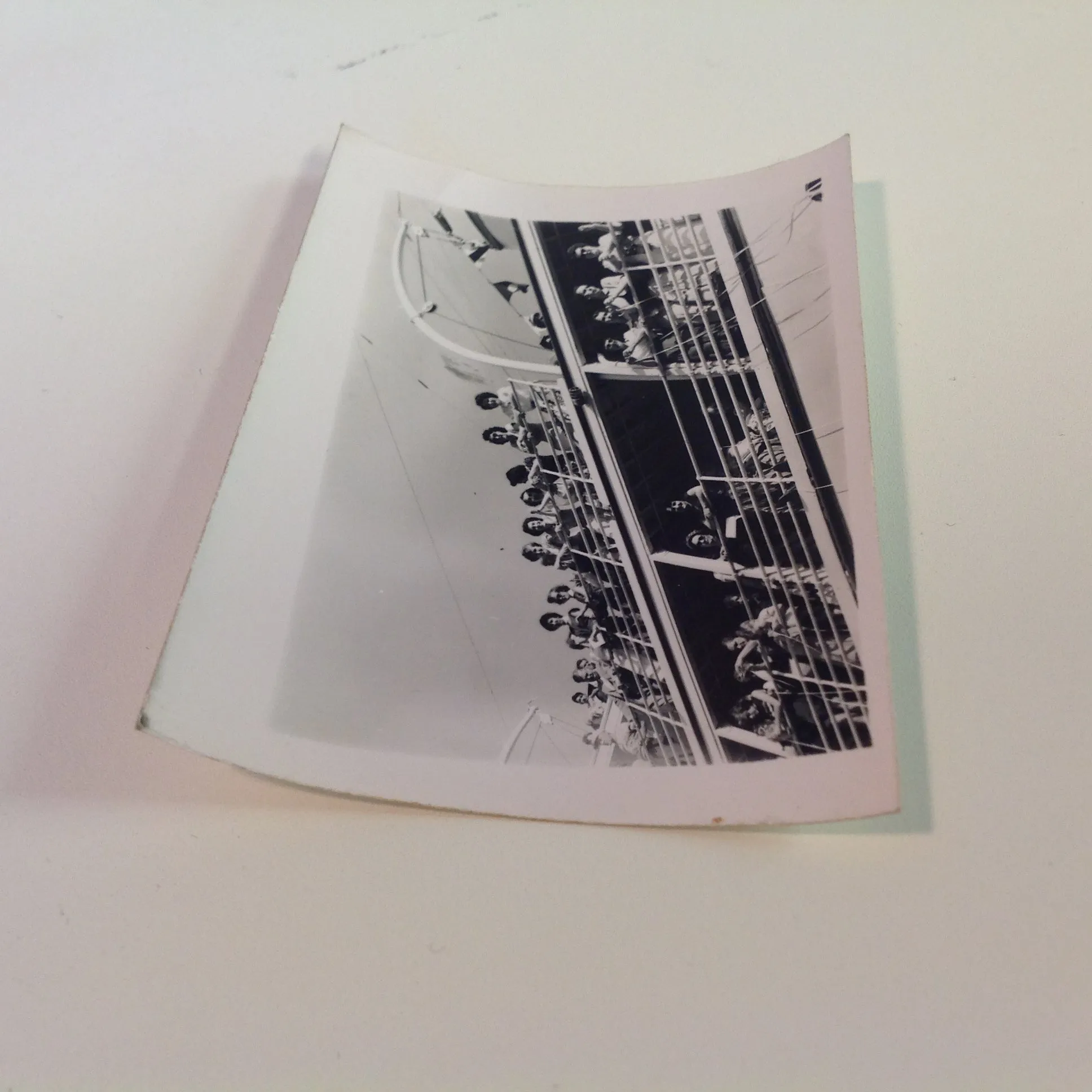 Vintage Mid Century B&W Photo SS South American Cruise Exterior Shot Passengers at Rail with Streamers as Ship Sails