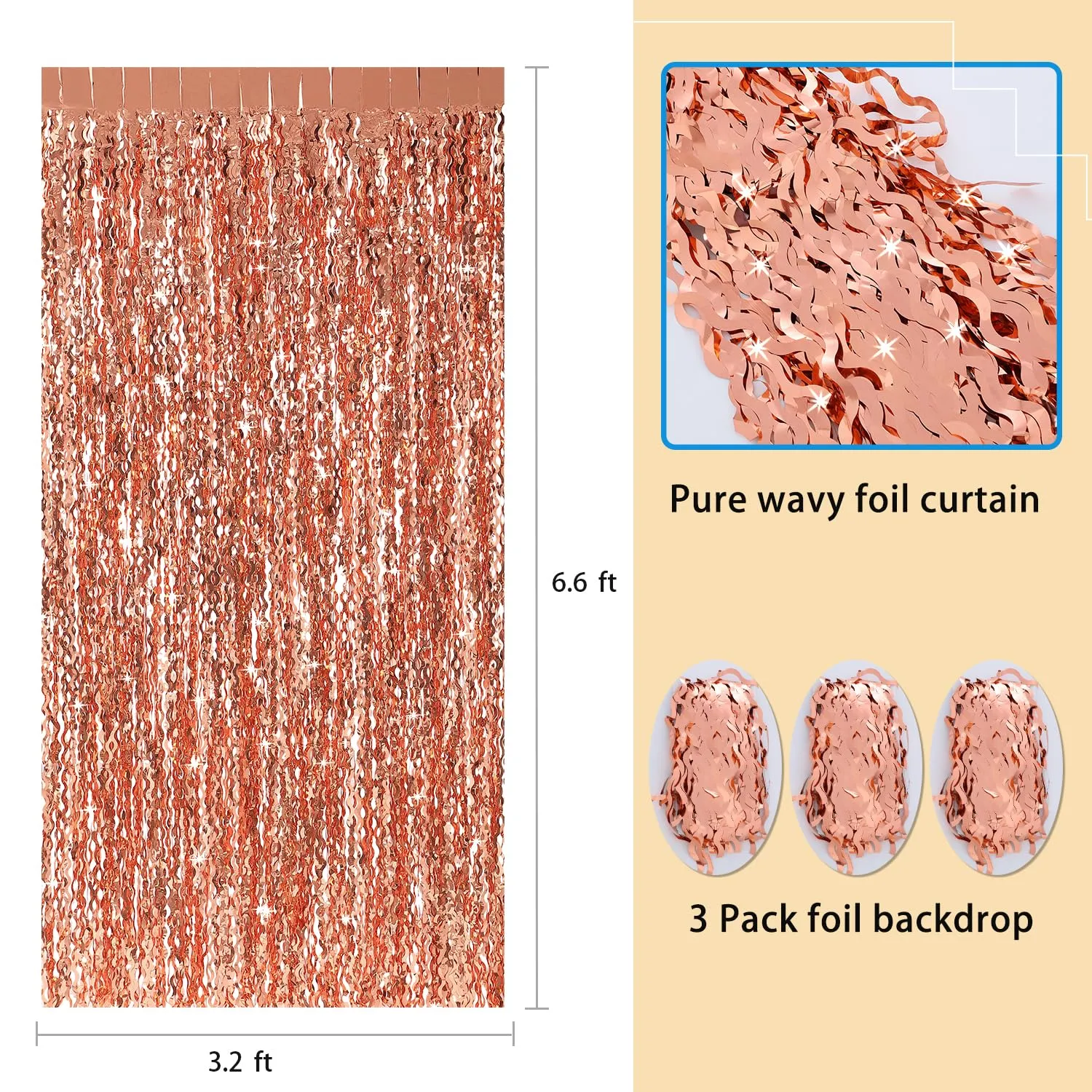 Wavy Rose Gold Fringe Curtain - 3.3 ft x 6.6 Feet, Pack of 3 | Rose Gold Party Decorations,Rose Gold Streamers,Rose Gold Tinsel Streamers for Birthday Backdrop
