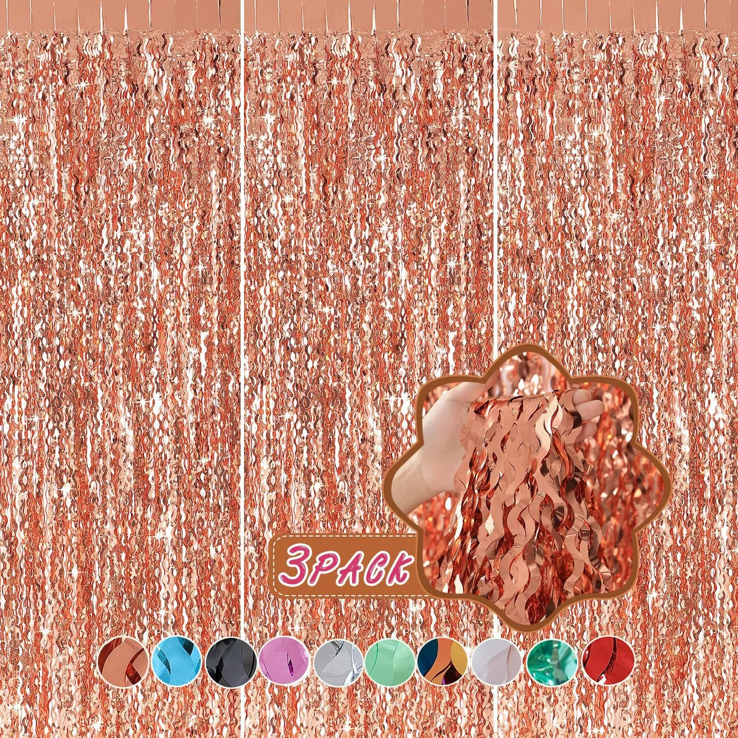 Wavy Rose Gold Fringe Curtain - 3.3 ft x 6.6 Feet, Pack of 3 | Rose Gold Party Decorations,Rose Gold Streamers,Rose Gold Tinsel Streamers for Birthday Backdrop