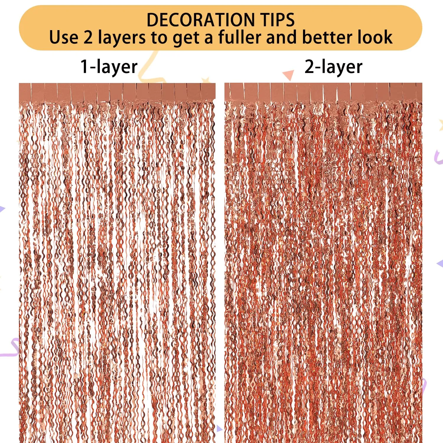 Wavy Rose Gold Fringe Curtain - 3.3 ft x 6.6 Feet, Pack of 3 | Rose Gold Party Decorations,Rose Gold Streamers,Rose Gold Tinsel Streamers for Birthday Backdrop