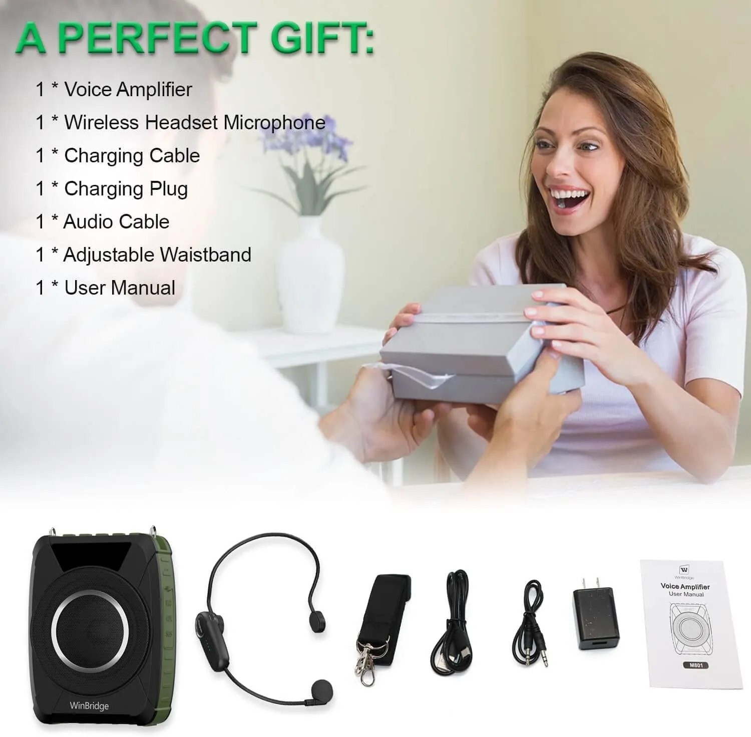 Winbridge Bluetooth 5.0 Voice Amplifier with Wireless Mic Headset, Waterproof Personal Microphone Wireless Voice Amplifier,