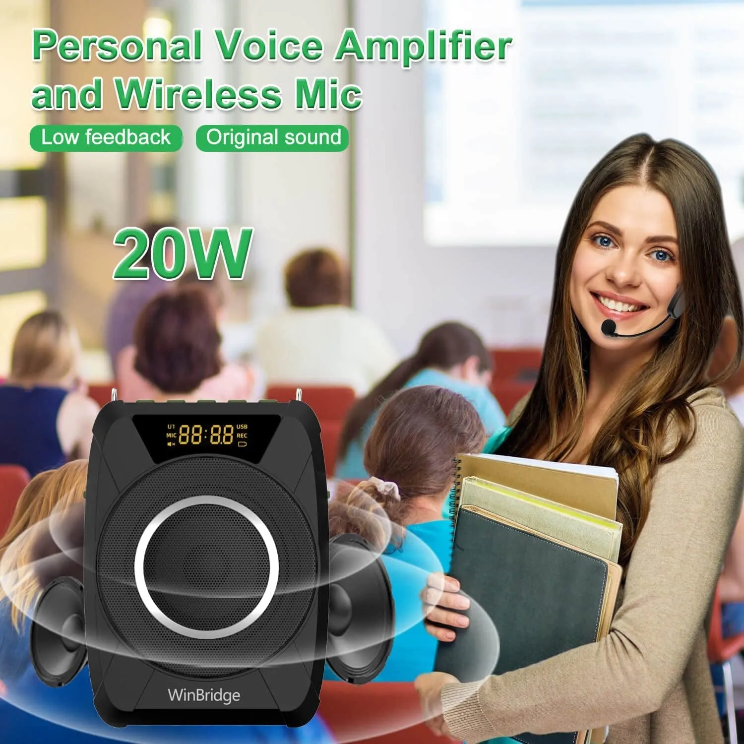 Winbridge Bluetooth 5.0 Voice Amplifier with Wireless Mic Headset, Waterproof Personal Microphone Wireless Voice Amplifier,