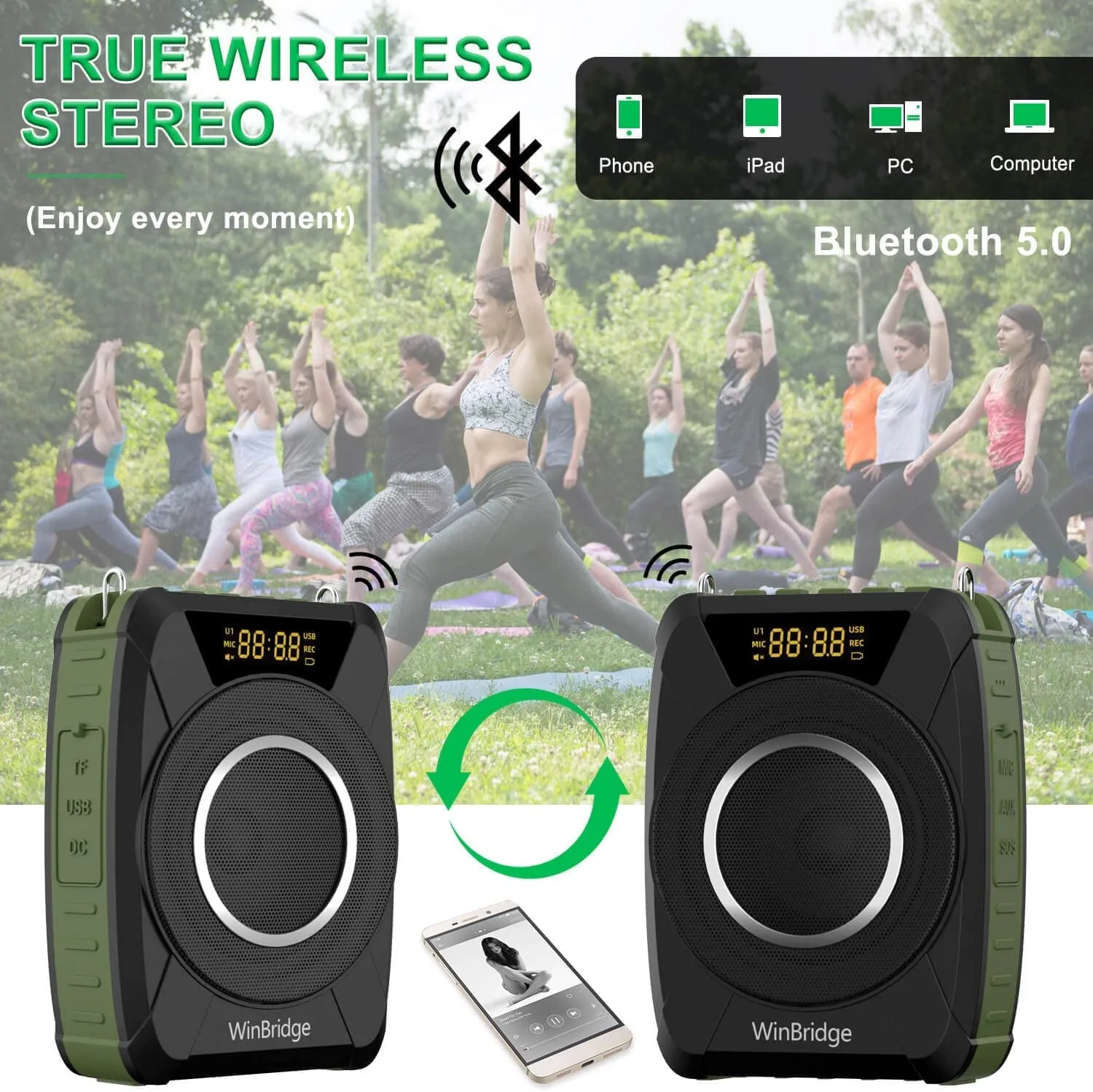 Winbridge Bluetooth 5.0 Voice Amplifier with Wireless Mic Headset, Waterproof Personal Microphone Wireless Voice Amplifier,
