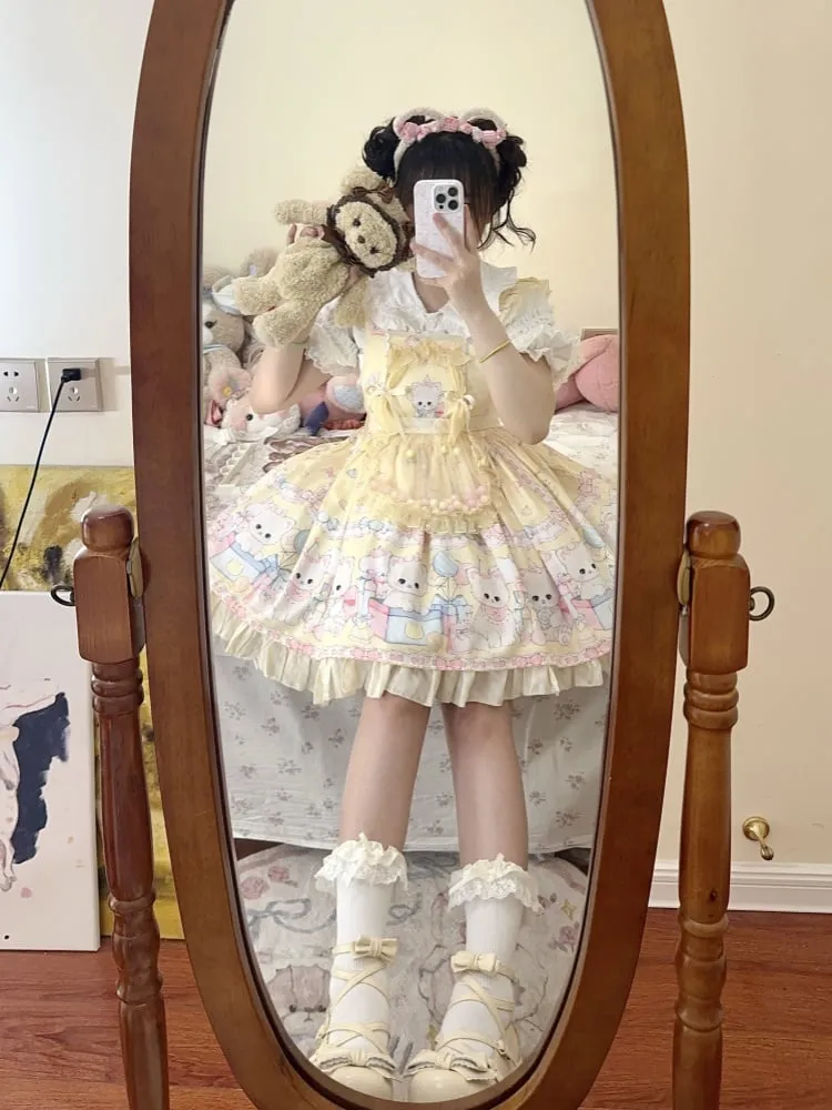 Yellow Kitty and Polka Dots Pattern Sweet Lolita Overall Dress