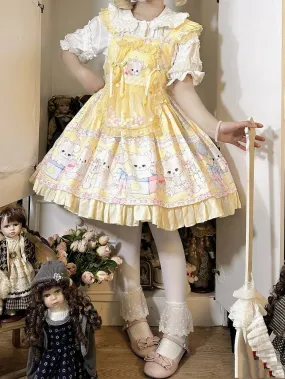 Yellow Kitty and Polka Dots Pattern Sweet Lolita Overall Dress