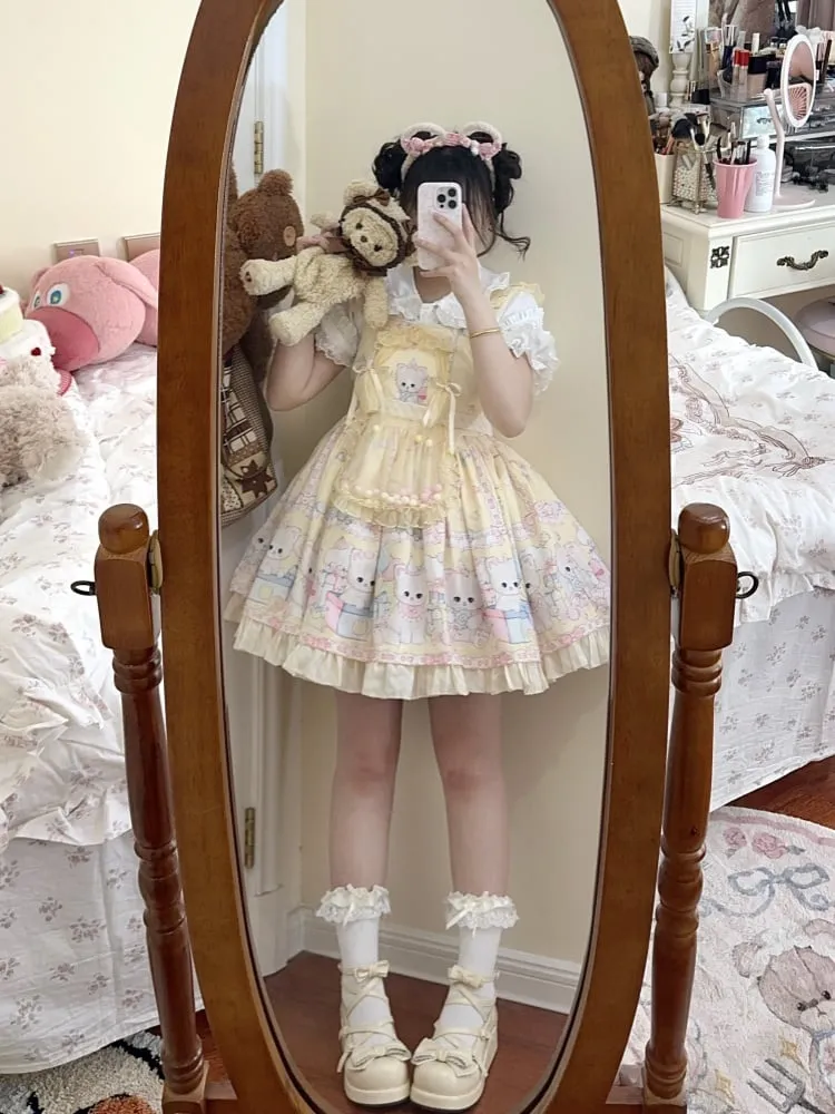 Yellow Kitty and Polka Dots Pattern Sweet Lolita Overall Dress